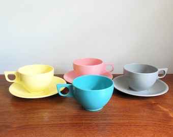 Spaulding Ware Cups and Saucers Choice of One 7 Piece Set, Yellow Gray Pink and Aqua Vintage Melmac Dishes, 4 Mugs and 3 Plates, Sold as Is