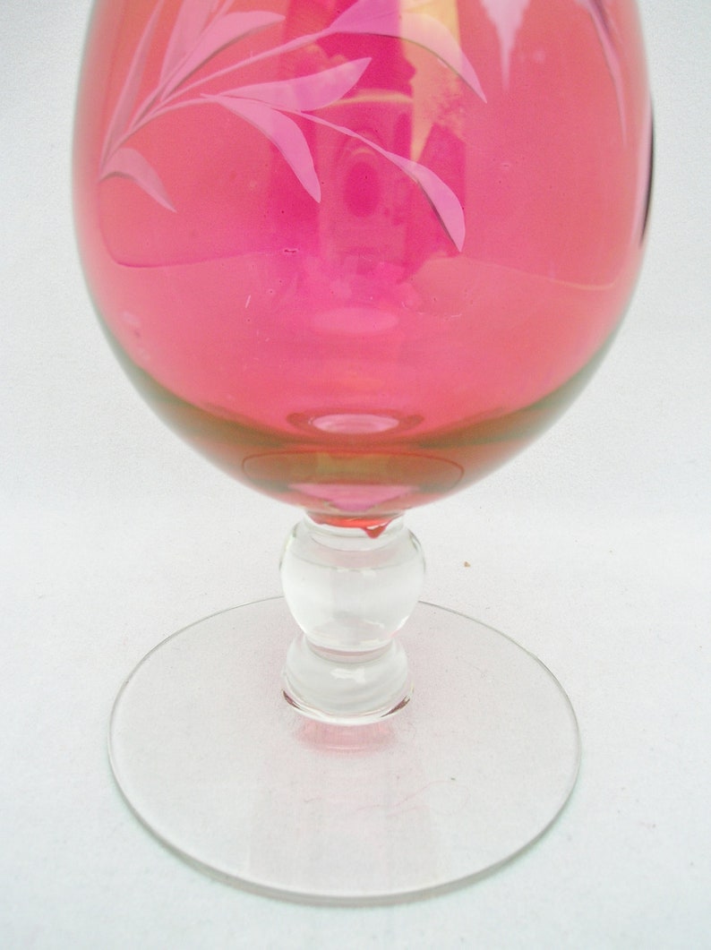 Cranberry Glass Vase With Etched Flower Design on Clear Etsy