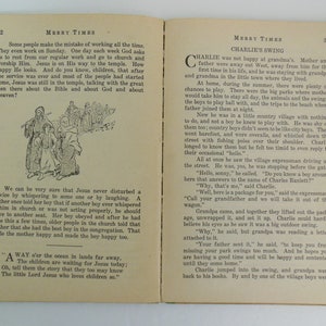 May include: A black and white illustration of a group of people walking in a line. The people are dressed in simple clothing and are walking towards a building in the distance. The caption reads, "Some people make the mistake of working all the time. They even work on Sunday. One day each week God asks us to rest from our regular work and go to church and worship Him. Jesus is on His way to the temple. How happy He looks. And do you know, children, that after the service was over and most of the people had started home, Jesus was still in the temple, talking with the great men there about the Bible and about God and about Heaven?"