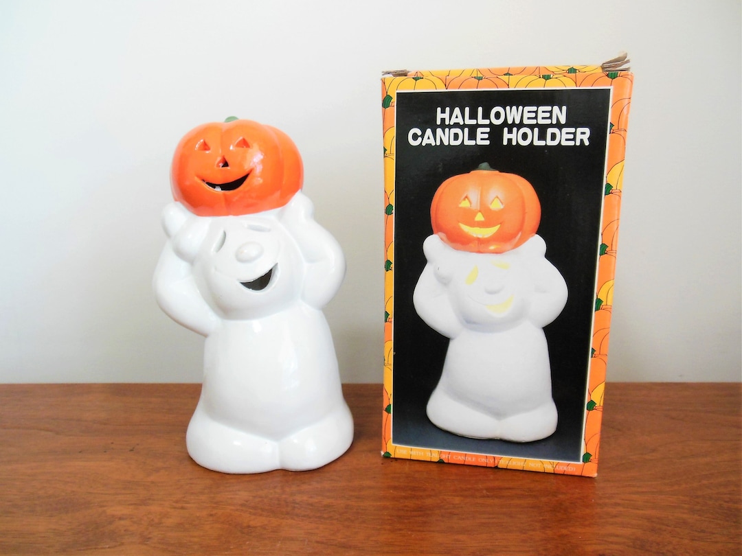 Ghost With Pumpkin Halloween Candle Holder, Ceramic Ghost With Jack O ...