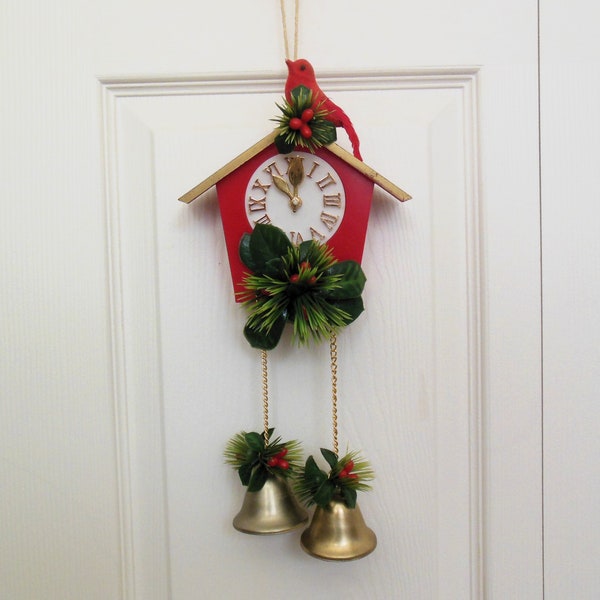 Christmas Cuckoo Bells Door Decor, Red Clock with Bird and Bells, Kitsch Holiday Hanging Made in Hong Kong, No 17071