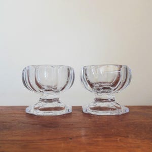 Two Salt Dip Cellars Pair of Master Salts Open Dishes, Clear Thick Glass with Eight Panels and Hexagon Base