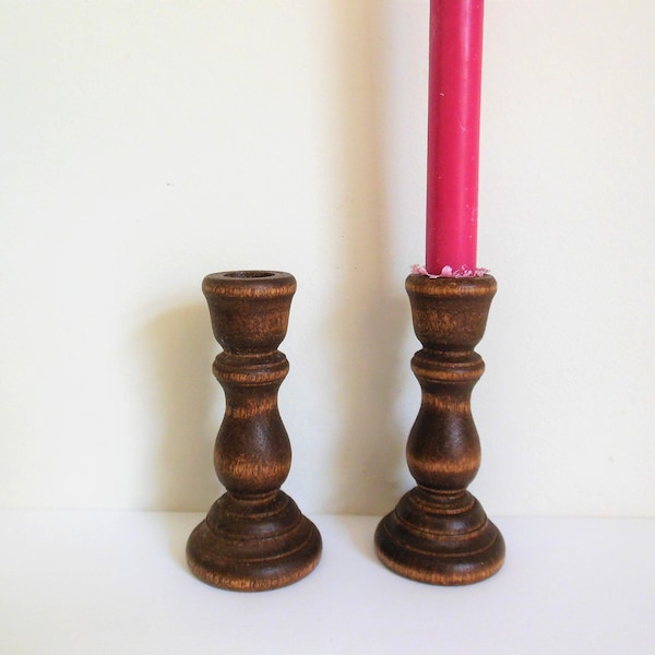 Little Wooden Candle Sticks With Candles, Pair of Miniature Wood Spindle Style Candleholders, Plus Box of 20 Party Chime Candles