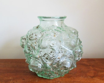 Cabbage Rose Flower Vase Antique Goofus Glass, Pale Green Tinted Round Bumpy Flower Bowl with Bits of Gold Paint, Sold As Is