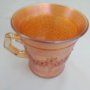 Marigold Orange Tree, Carnival Glass Mug, Iridescent Flowered Handled Cup, Antique Drinking Glass image 3