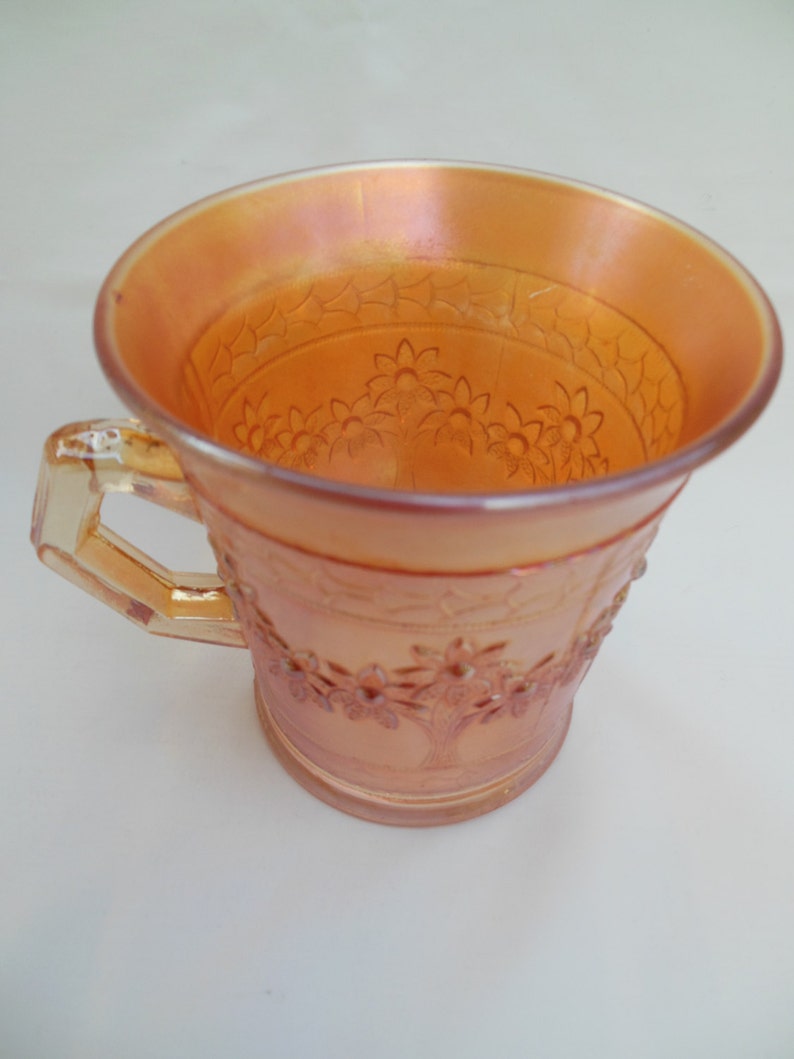 Marigold Orange Tree, Carnival Glass Mug, Iridescent Flowered Handled Cup, Antique Drinking Glass image 3