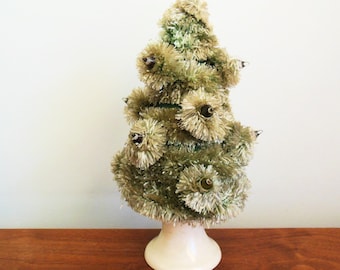 Glolite Christmas Tree Tabletop Size on Electric Lighted Base, Visca Cellophane Brush Pine with Glass Tube Candles, MCM Vintage Xmas Decor