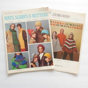 May include: Two vintage knitting pattern books from Columbia Minerva. The first book features hats, scarves, and mittens with models wearing various knit items. The second book features ponchos and parkas with models wearing different styles of ponchos.