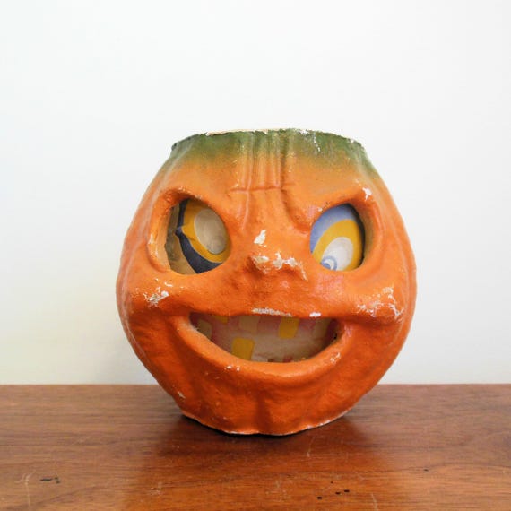 Halloween Paper Mache Pumpkin Old Pulp Paper Jack O Lantern with Face Insert, Small 4 Inch Orange Bucket, Sold As is