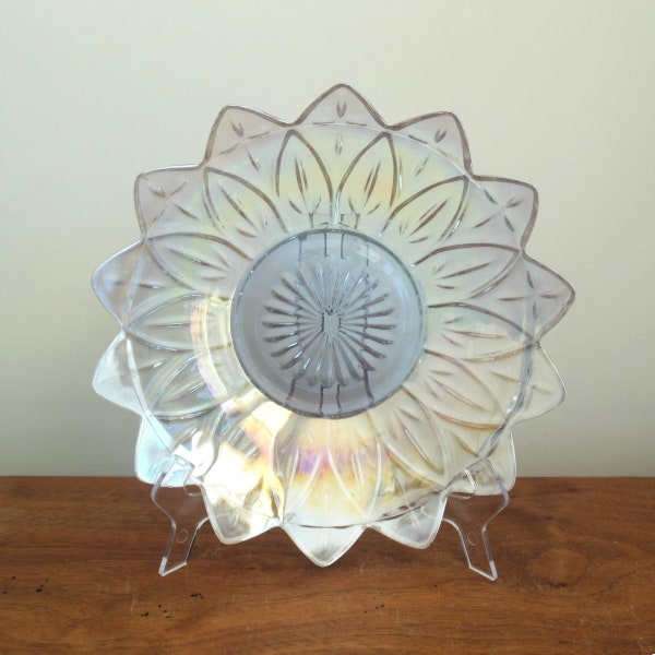 Federal Glass Iridescent Bowl, Petal Round Serving Dish, Vintage 1960s Iridized Clear Sunflower Flower Shallow Bowl