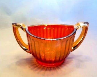 Imperial Glass Sugar Bowl, Lustre and Clear Marigold Carnival Glass Open Bowl, Iridescent Ribbed Golden Bowl with Handles, CLEARANCE
