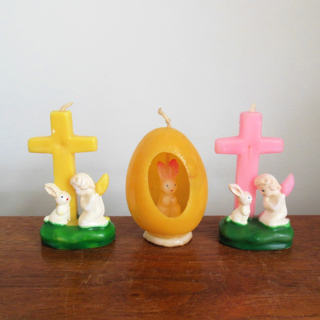 Gurley Easter Candles Set of 3, Unused Bunny in Egg and Cross With Angel and Rabbit, Yellow Pink