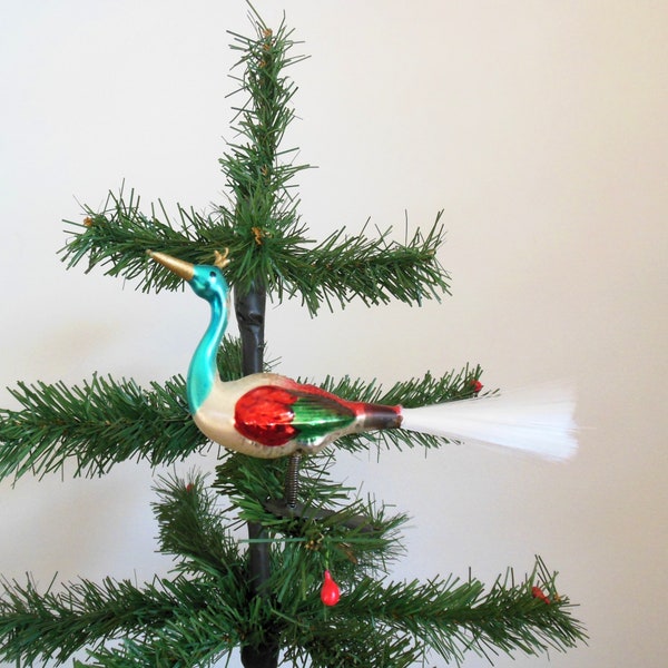 Bird Clip on Christmas Ornament, Peacock or Swan with Crown, Spun Glass Tail Metal Clip, Silver Mercury Glass Blue Red Green