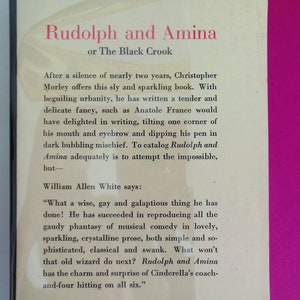 May include: A book cover with the title "Rudolph and Amina or The Black Crook" by Christopher Morley. The cover is white with black text and a quote from William Allen White.