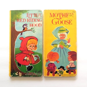 May include: Two vintage children's books, "Little Red Riding Hood" and "Mother Goose." The "Little Red Riding Hood" book features a girl in a red cape. The "Mother Goose" book has a yellow cover with an illustration of Mother Goose.