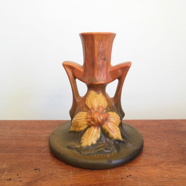 Roseville Clematis Candlestick Autumn Brown, One Pottery Candleholder 1159-4 1/2, 1940s Roseville USA Single Candle Holder