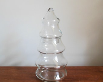 Christmas Tree Glass Jar, Clear Two-Part Pine Tree Shaped Holiday Candy Container, Xmas Treats or Vintage Display