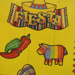 May include: A colorful hanging decoration set for a fiesta party. It includes a sombrero, a bull, a maraca, and two chili peppers. The set is printed on both sides and measures 51 cm in length.