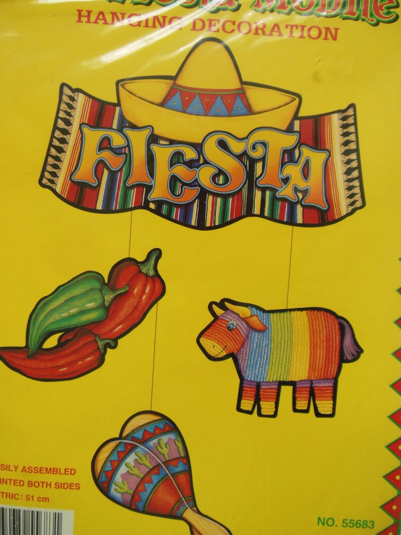 May include: A colorful hanging decoration set for a fiesta party. It includes a sombrero, a bull, a maraca, and two chili peppers. The set is printed on both sides and measures 51 cm in length.