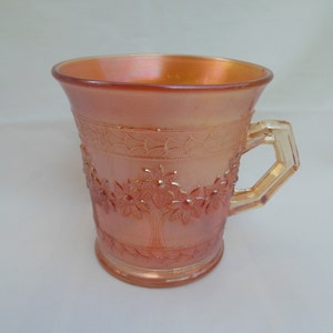 Marigold Orange Tree, Carnival Glass Mug, Iridescent Flowered Handled Cup, Antique Drinking Glass image 1