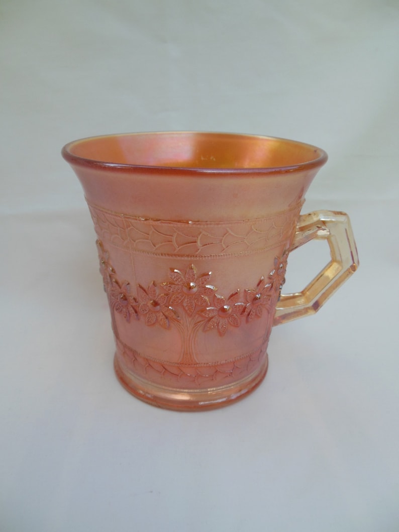 Marigold Orange Tree, Carnival Glass Mug, Iridescent Flowered Handled Cup, Antique Drinking Glass image 1