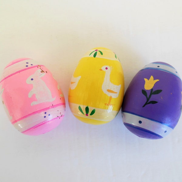 Wood Easter Eggs, Three Painted Eggs, Pink Yellow and Purple, Bunny Rabbits, Ducks or Chicks, Tulips Flowers, Solid Wooden Set Sold As Is