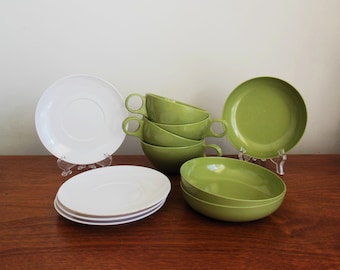 Melamine Snack or Breakfast Dishes, Green Bowls Mugs and White Plates, 11 Pieces Vintage Dinnerware