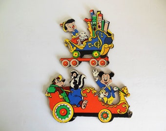 Mickey Mouse and Pinocchio, Cardboard Wall Hangings, Mid Century Wall Decor for Children, Sold As Is, CLEARANCE