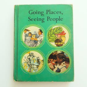 May include: A vintage book titled "Going Places, Seeing People" with a green cover. The cover features four circular illustrations: a barber, a person with a large leaf, a knight on horseback, and a girl. The title is in white text.