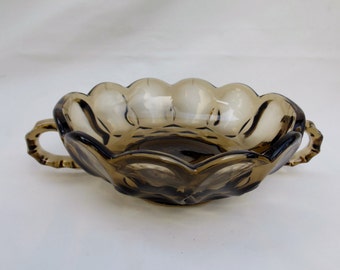 Anchor Hocking Fairfield Glass Bowl, Glass Dish With Two Handles, and Scalloped Rim, Smoky Brown Glass Snack Bowl