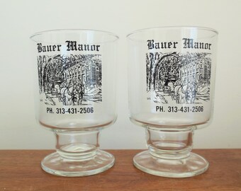 Bauer Manor Souvenir Glasses Irish Hills Tipton Michigan, 2 Stemmed Tumblers, Historic Site Stagecoach Stop