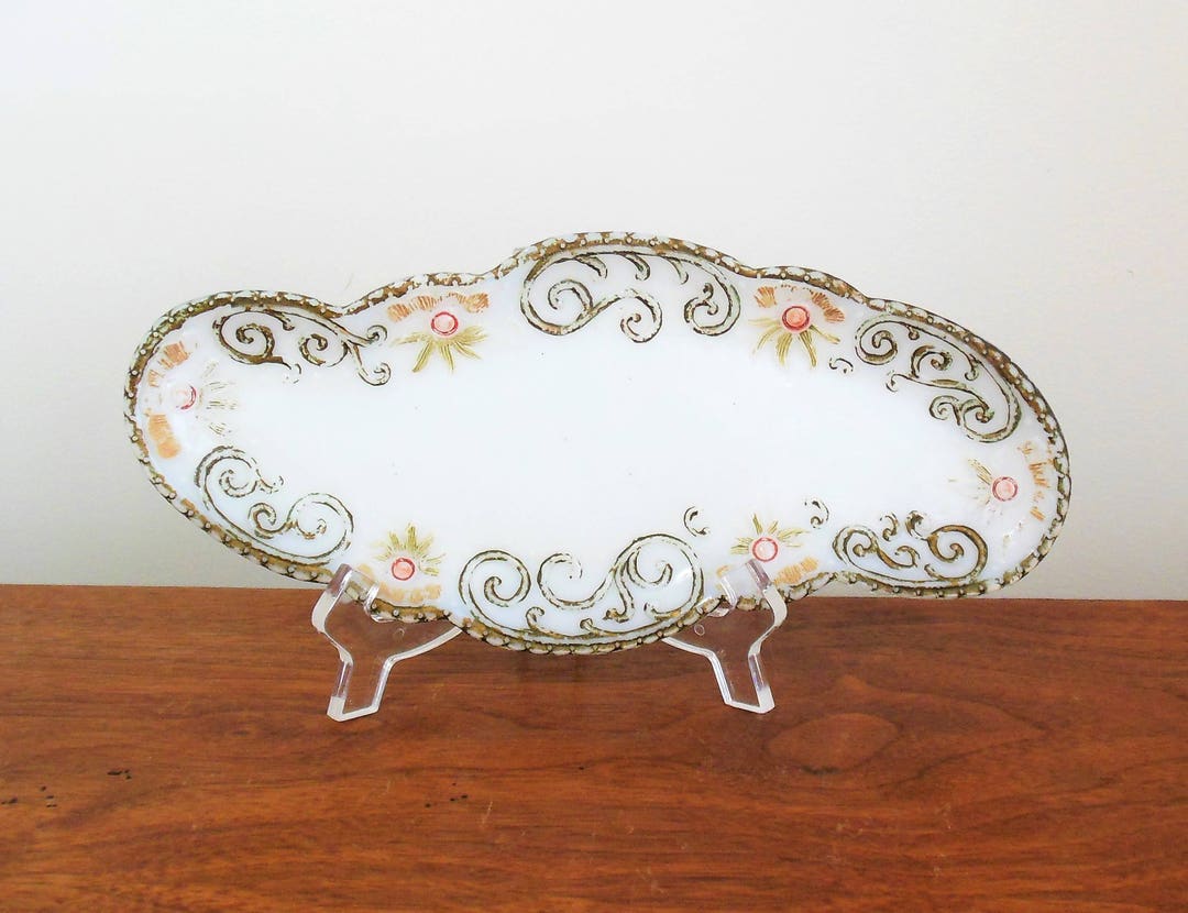 Milk Glass Dresser Tray, White Victorian Milkglass, Embossed Swirl