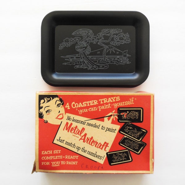 Metal Artcraft Coaster Trays to Paint, Small Black Paint by Number Set of 4, MCM Flowers Oriental Design, Sold As Is Paint Not Included