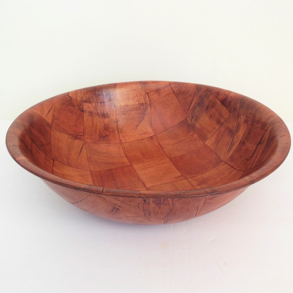 Wooden Parquet Bowl, Large Round Woven Wood Checkerboard Dish, Retro 1970s Fall Autumn Decorating, 10 Inch Diameter