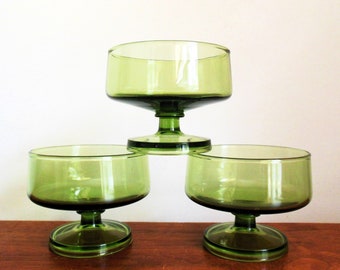 Green Anchor Hocking Finlandia Footed Sherbet Dessert Bowls, Set of 3 Avocado Short Stemmed Dishes Vintage Glassware