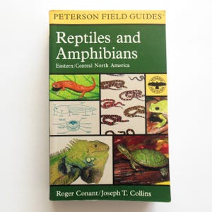 May include: A green and yellow book titled "Reptiles and Amphibians" from the Peterson Field Guides series. The cover features illustrations of various reptiles and amphibians, including a lizard, snakes, a frog, an iguana, and a turtle. The book is for Eastern/Central North America.