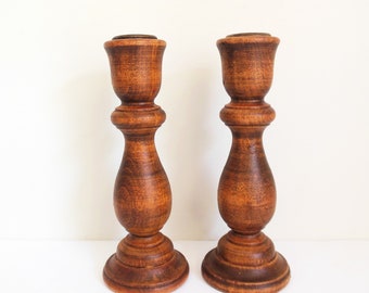 Two Wood Candle Sticks, Pair of Round Wooden Spindle Style Candleholders, Vintage Traditional Taper Candle Holders