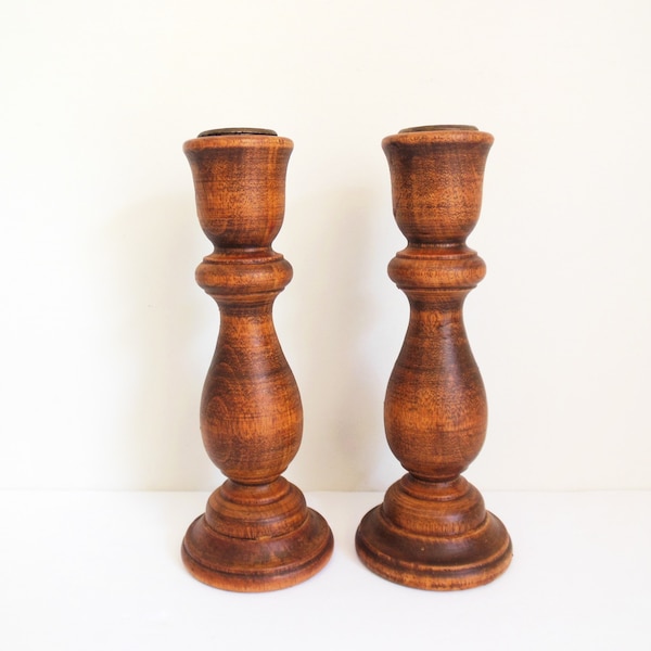 Two Wood Candle Sticks, Pair of Round Wooden Spindle Style Candleholders, Vintage Traditional Taper Candle Holders