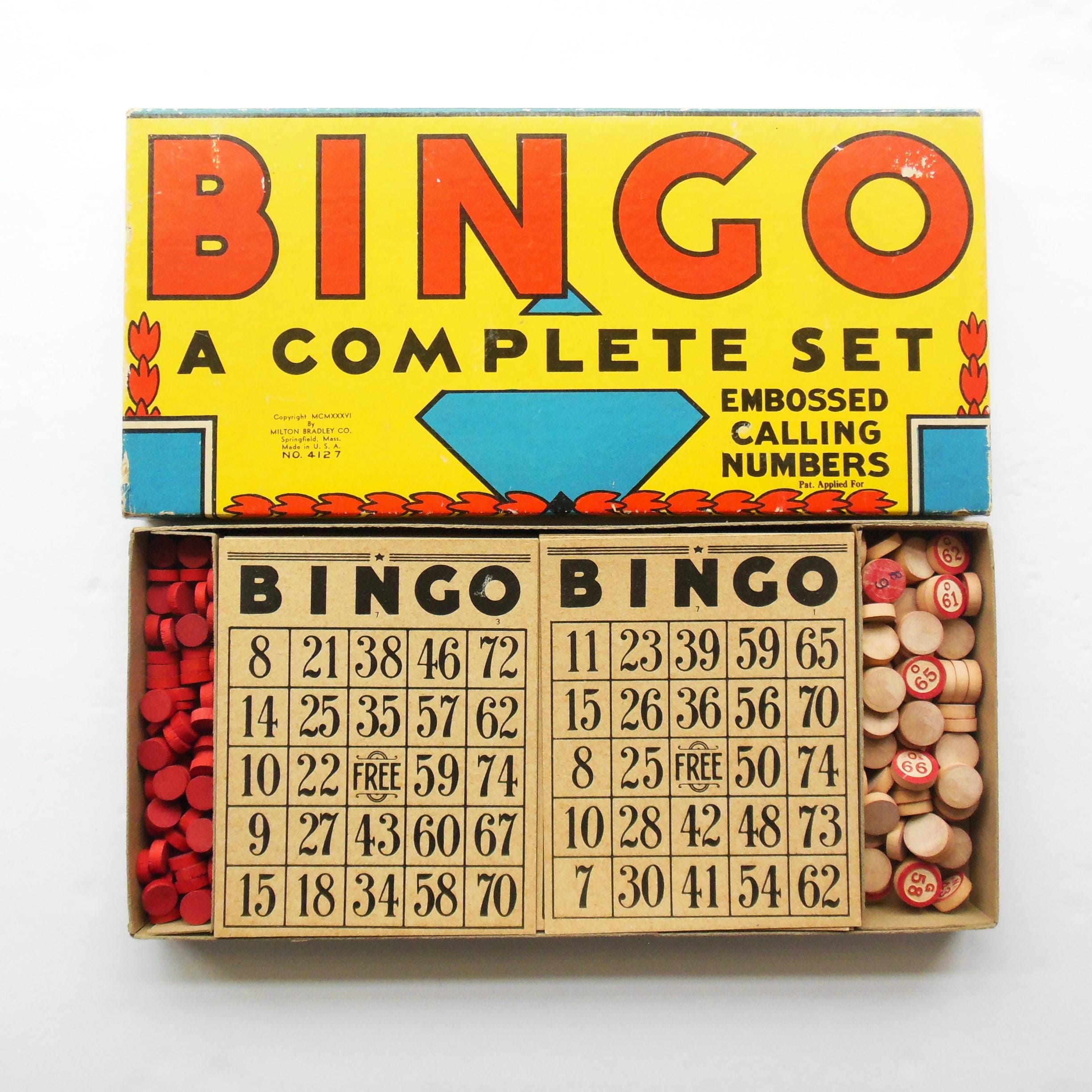 Milton Bradley Bingo Game in Original Box Set 4127, Embossed Wood