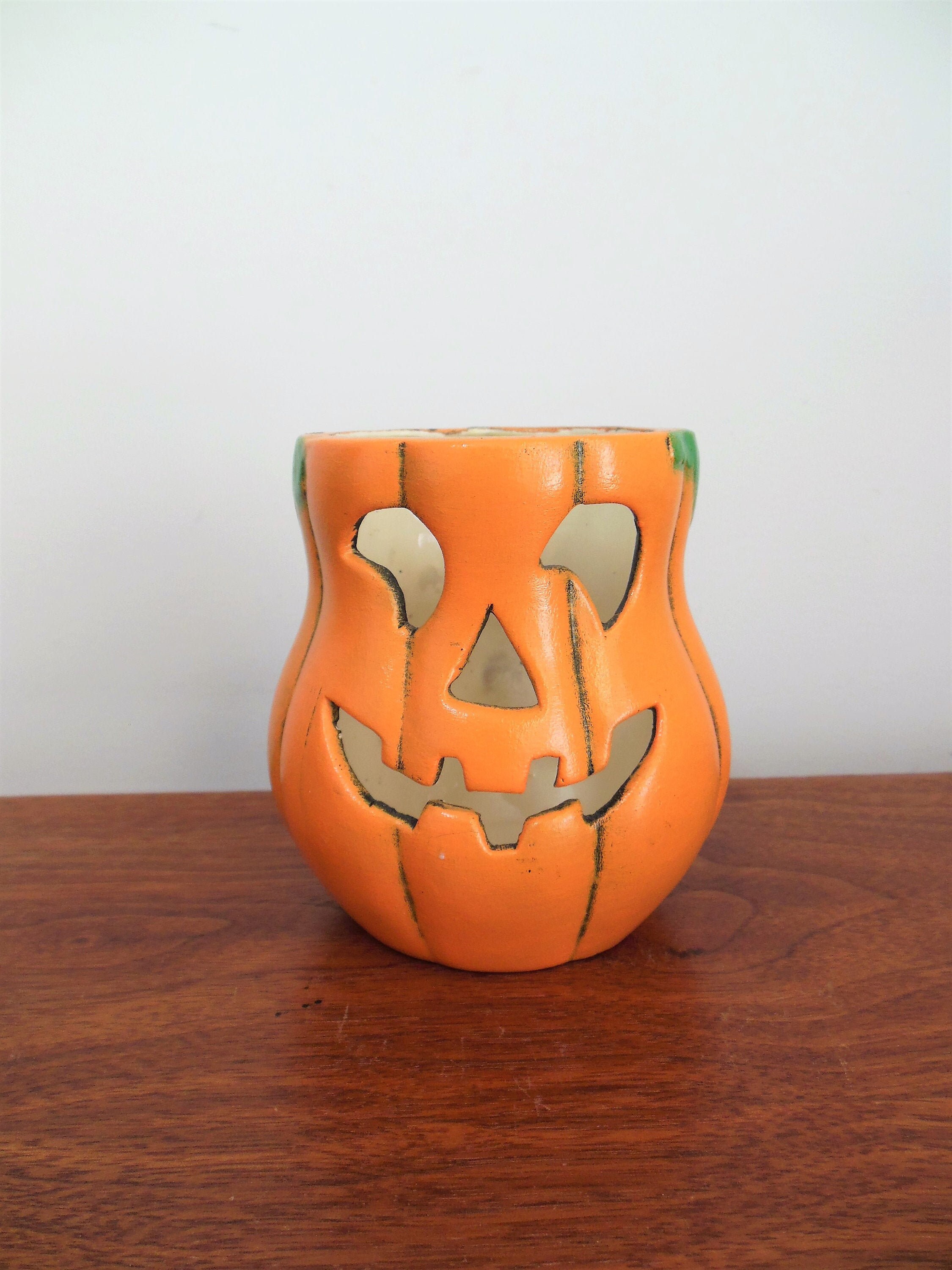 Glass Jack O Lantern votive candle holder set of 3 Pumpkin lantern 
