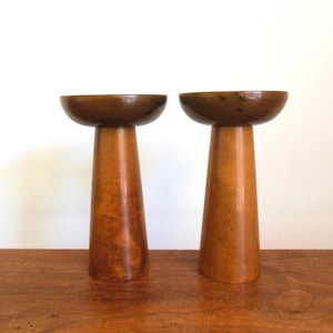 Myrtle Wood Midcentury Candleholders, Pair of Glossy Candlesticks Handcrafted by House of Myrtlewood in Oregon, MCM Taper Holders