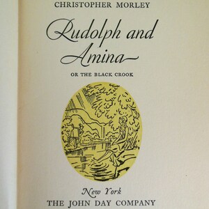 May include: A book cover with the title "Rudolph and Amina or The Black Crook" by Christopher Morley. The cover features a black and white illustration of a woman sitting by a river with a tree and a bridge in the background.