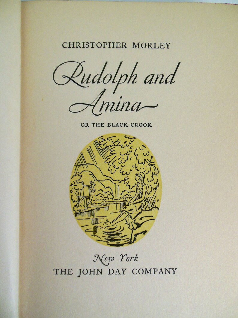 May include: A book cover with the title "Rudolph and Amina or The Black Crook" by Christopher Morley. The cover features a black and white illustration of a woman sitting by a river with a tree and a bridge in the background.