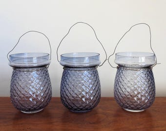 One Pale Blue Christmas Fairy Light Lamp, Choose 1 Victorian Era Diamond Pattern Pastel Periwinkle Glass Lantern Jar with Wire Handle