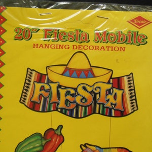 May include: A 20-inch Fiesta Mobile hanging decoration with a yellow sombrero, a red, green, and blue striped serape, and the word "Fiesta" in colorful letters.