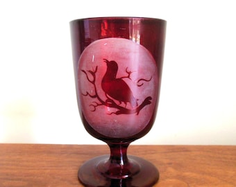 Ruby Red Stemmed Goblet with Bird, Antique Blown Glass with Oval Flashed Motif, Czech Bohemian Style Wine Cup
