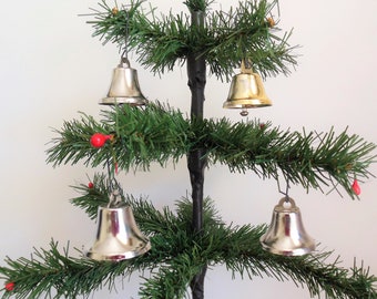 Metal Christmas Bells, 3 Silver and 1 Gold Ringing Bell, Four Little Hanging Ornaments for Holiday Tree