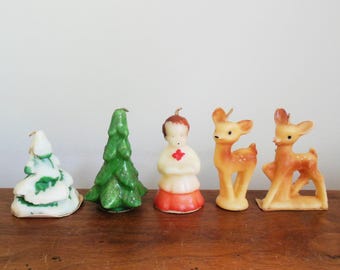Christmas Candle Choice of One MCM Deer Tree or Choir Boy, Gurley Rudolph and Pine with Snow or Glitter, Tavern Fawn and Singing Child