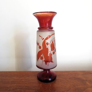 Bohemian Ruby Red Blown Glass Vase, White Flashed With Floral Lily of the Valley Motif, Ruby and Frosted Flower Vase