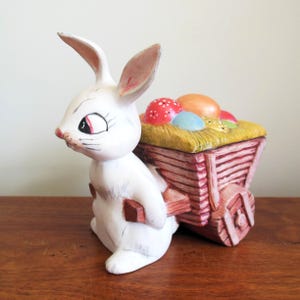 Ceramic Easter Bunny Pulling Egg Cart, White Rabbit Brown Wagon with Decorated Eggs, Two Piece Handmade Spring Decor